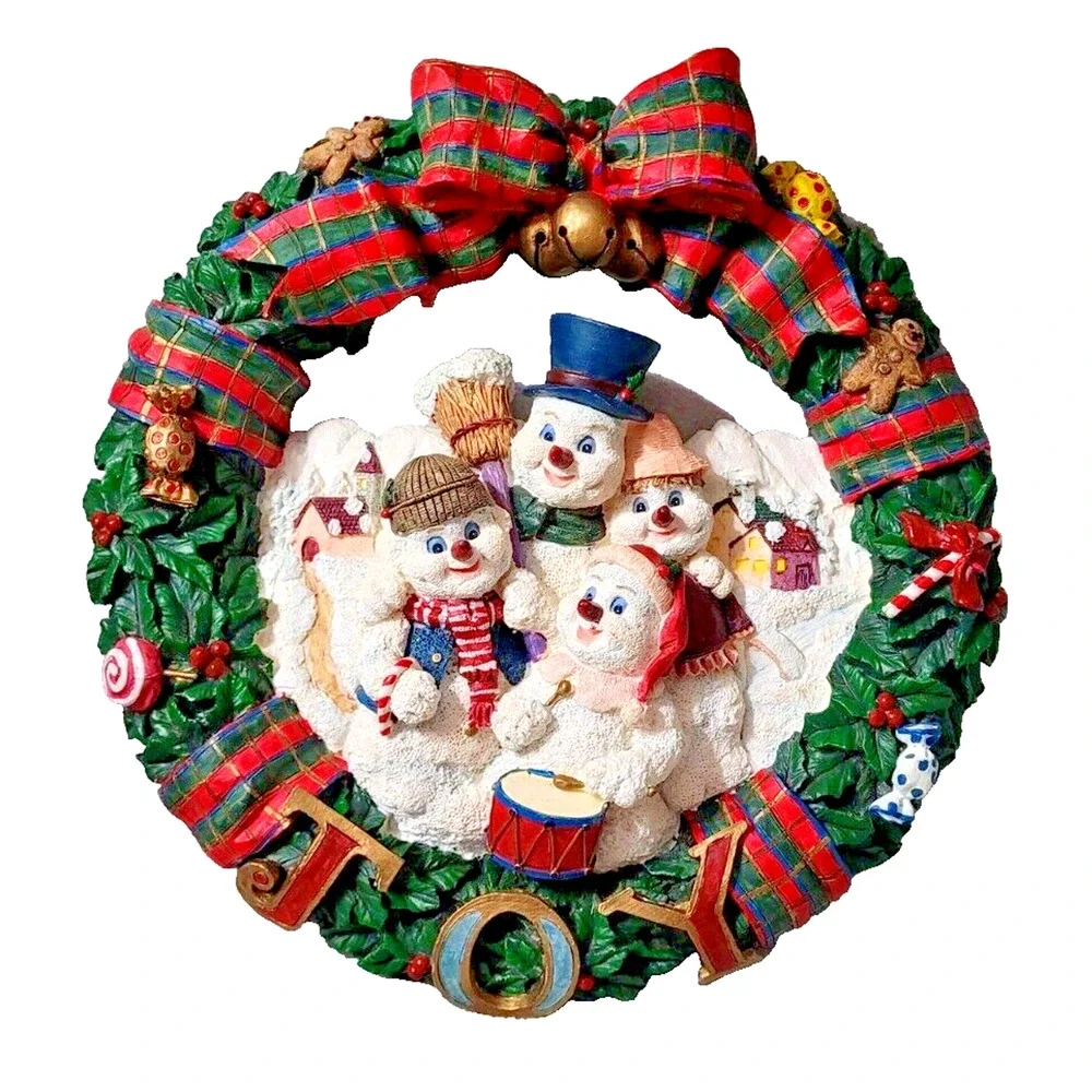 Christmas Resin Wreath Hanging Joy Snowmen Green Plaid Bow Door Decor Plaid